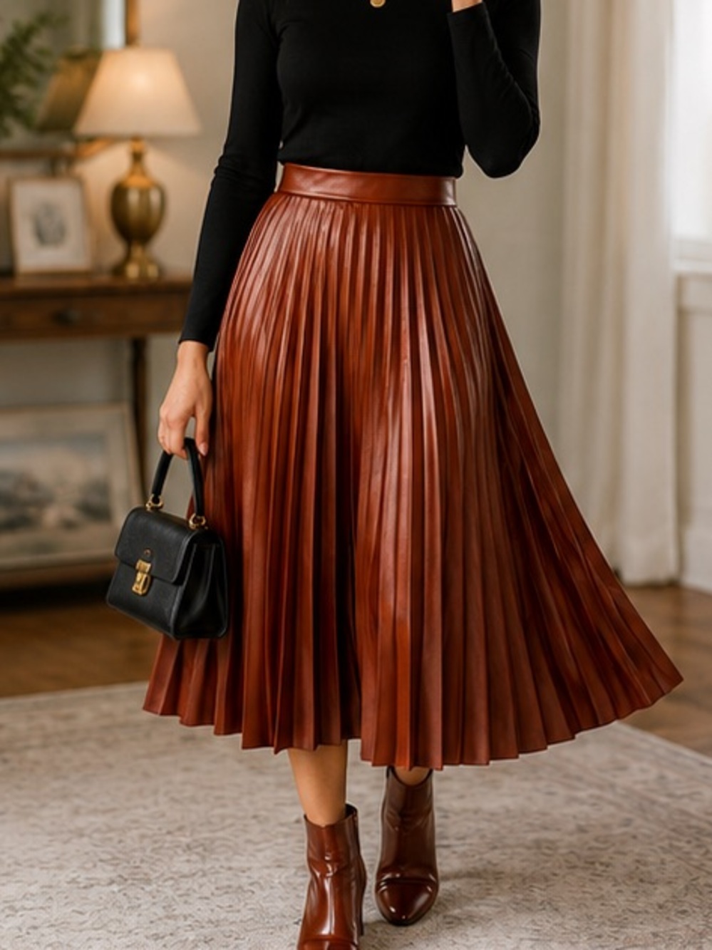NWOT Alfani Faux Leather Pleated Midi Skirt Cognac Brown Size 6